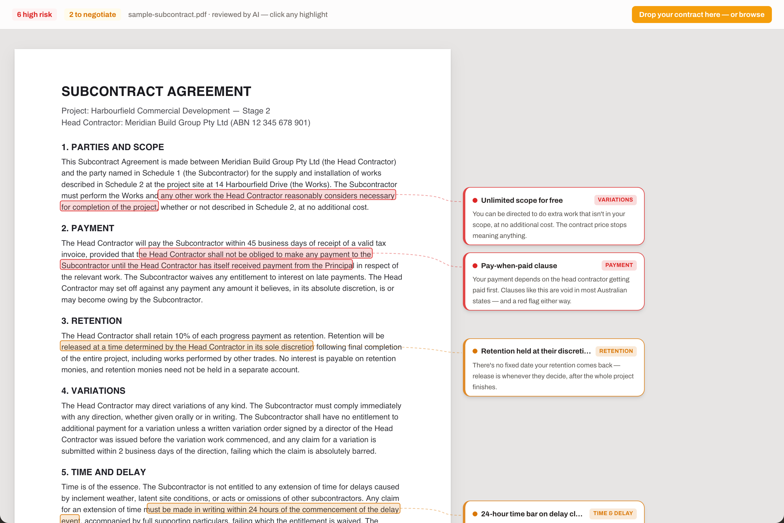 A reviewed construction subcontract in ContractorCounter Review: risky clauses highlighted on the page with margin callouts for pay-when-paid, uncapped liquidated damages, and retention terms