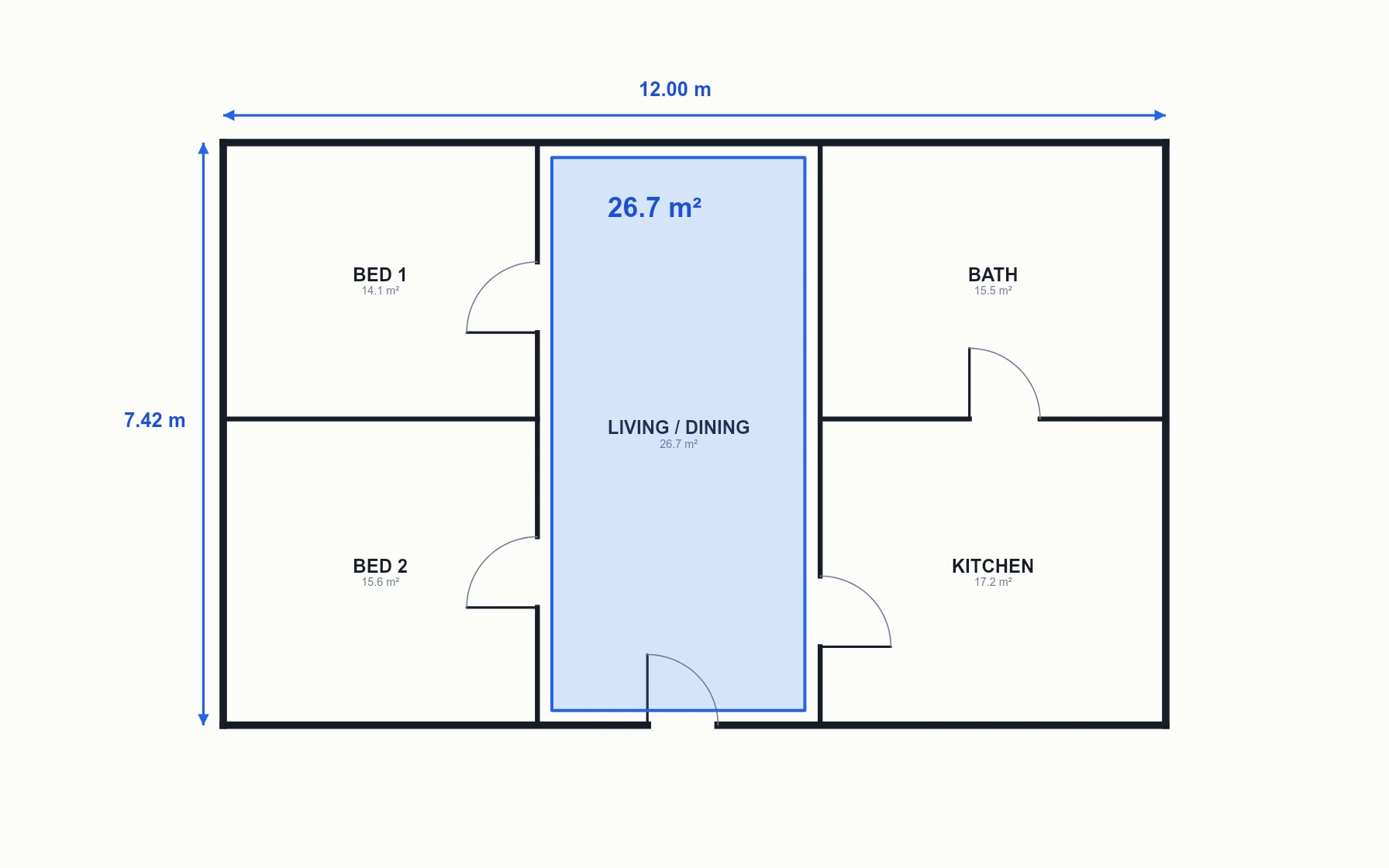 Calibrated floor plan showing a 12.00 m and 7.42 m dimension and a 32.4 m² area measurement on the living/dining room.