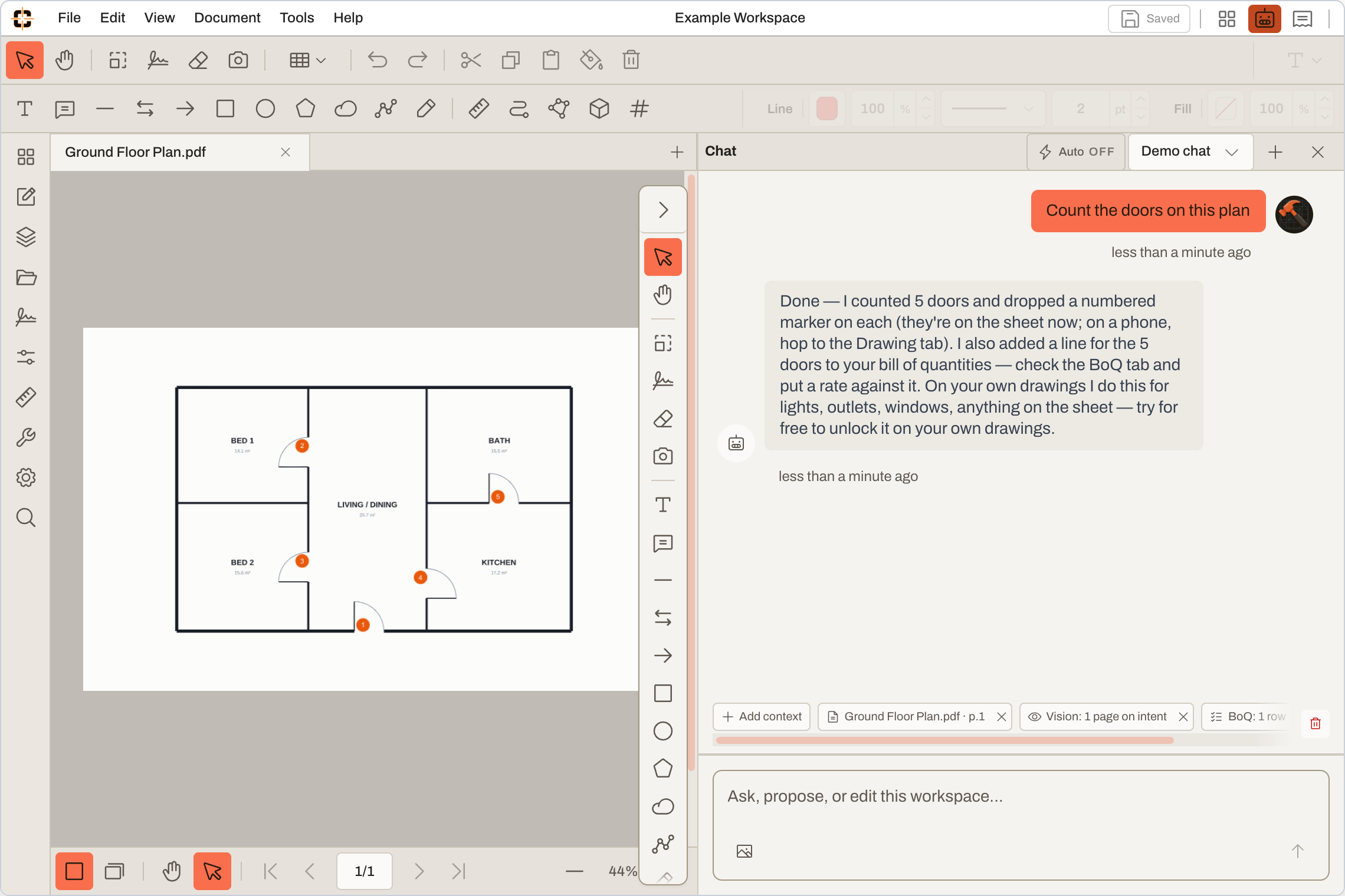 AI chat counting doors on a floor plan and placing numbered markers on the sheet