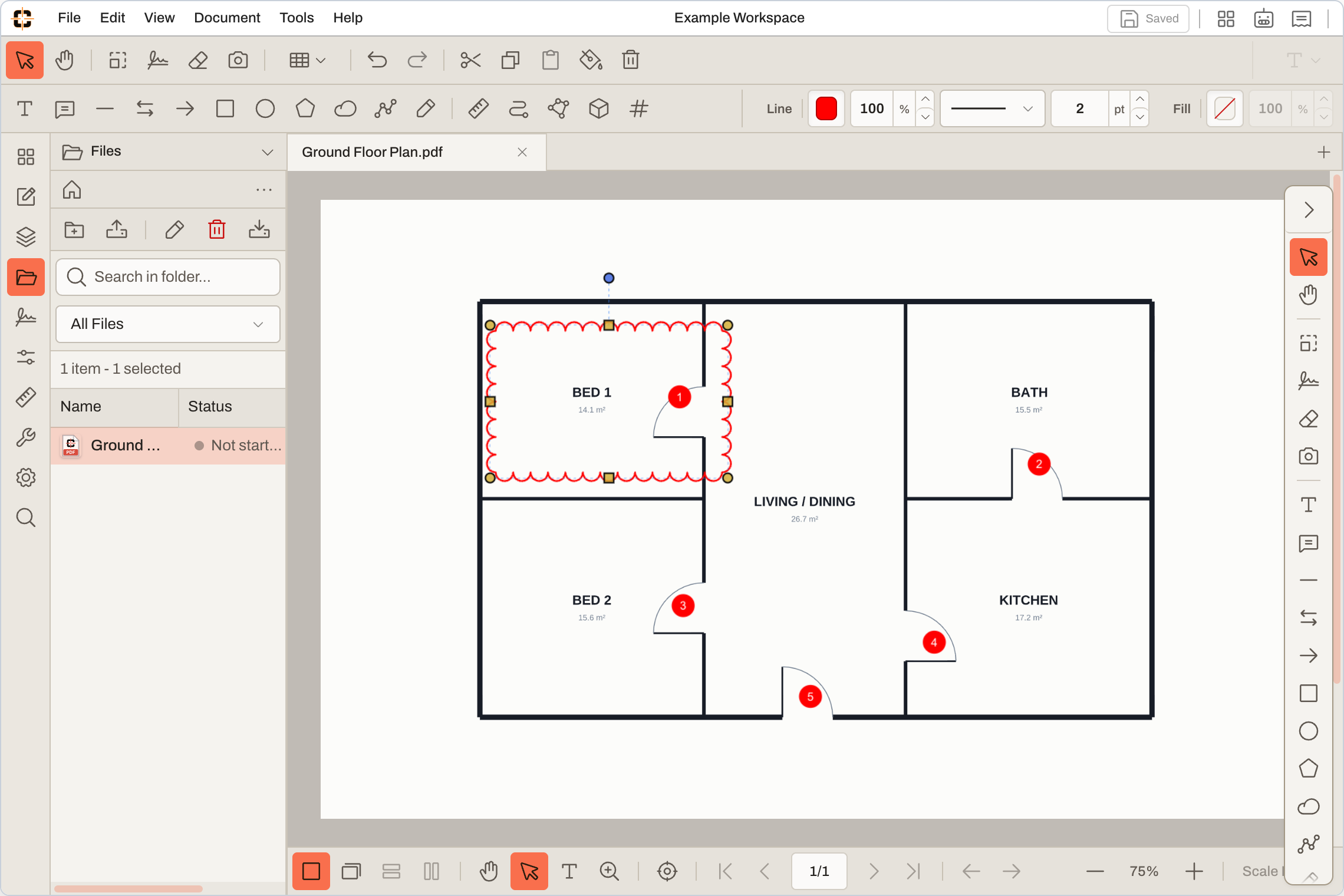 Files panel with a drawing set open beside a counted floor plan