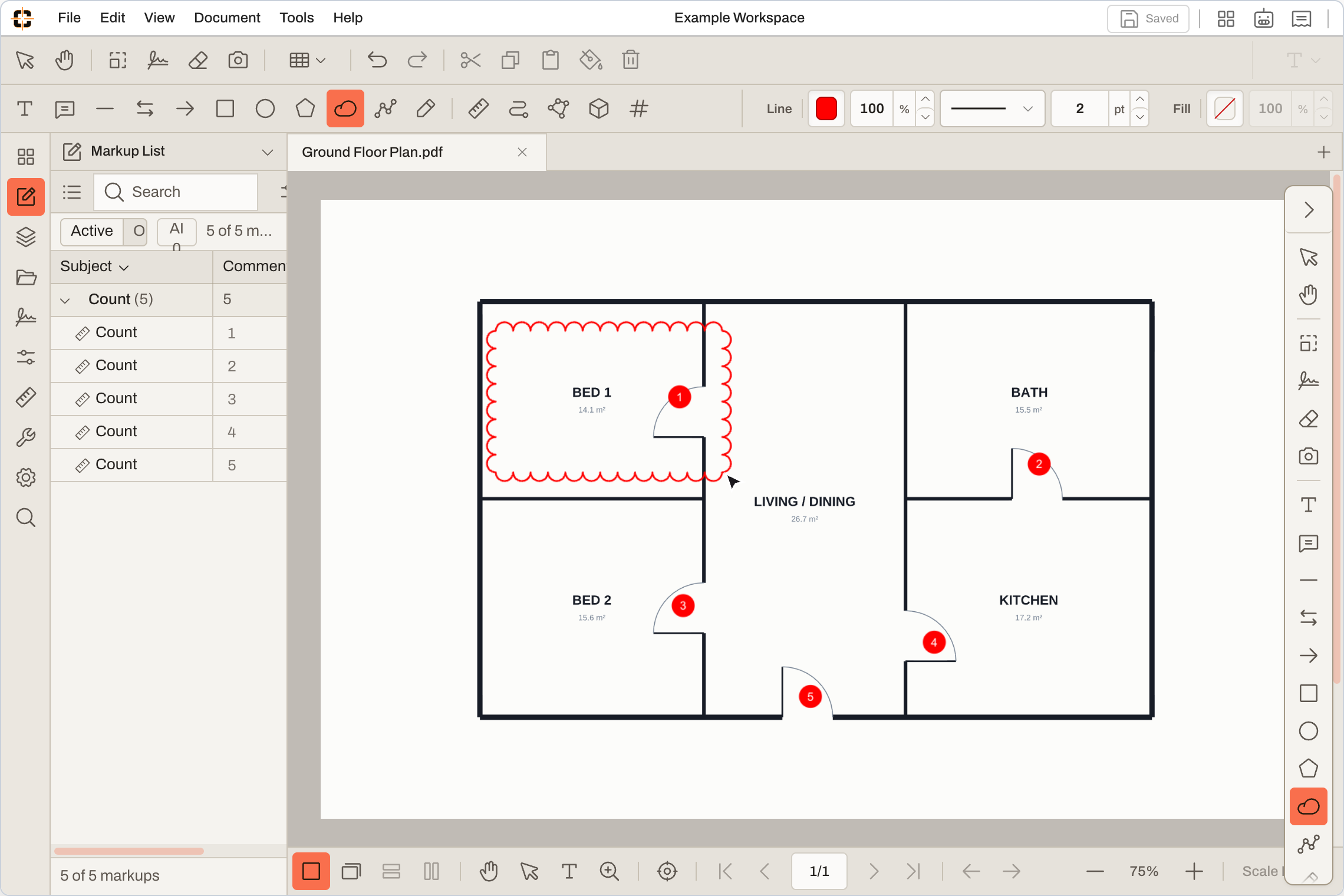 ContractorCounter workspace with numbered count markers on a floor plan and the markup list open