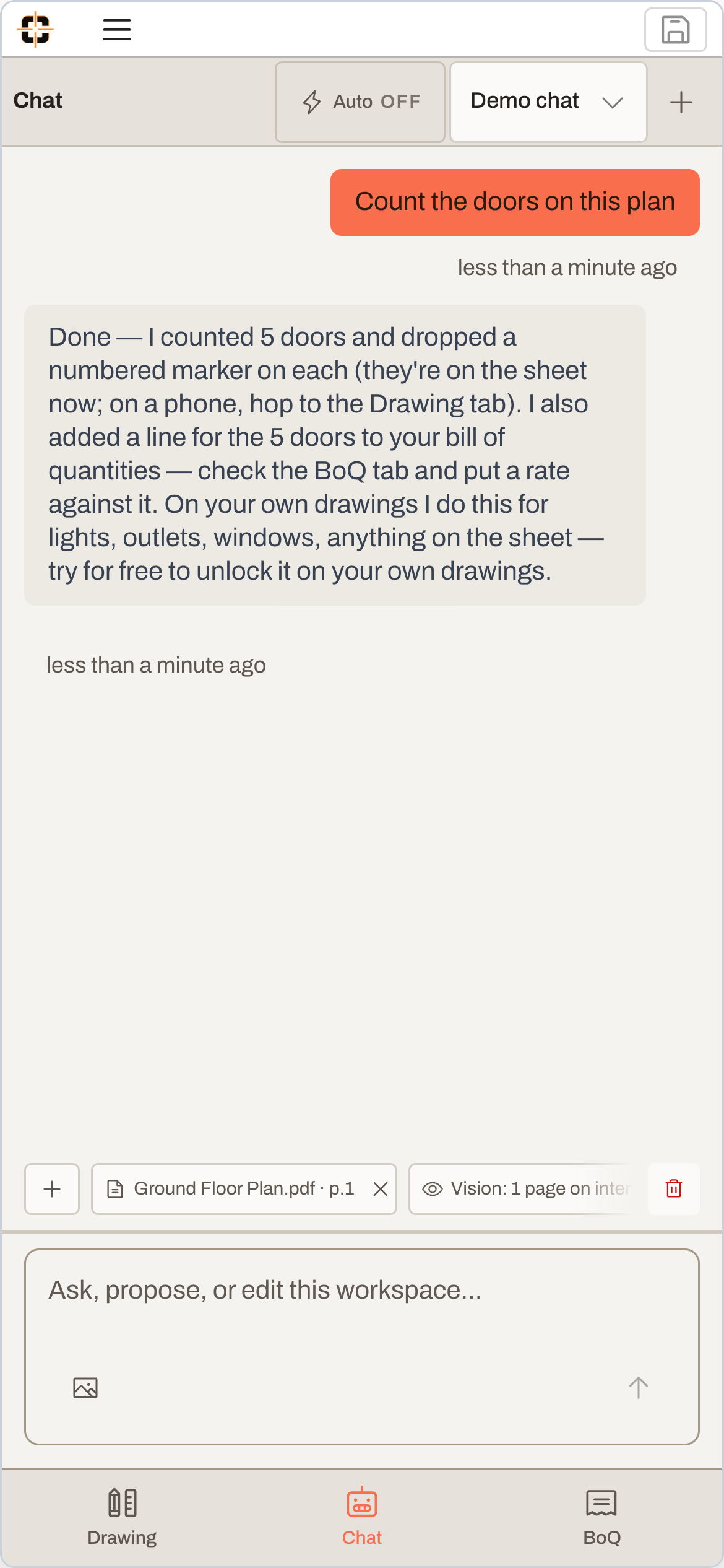 Phone chat view: the AI agent counting doors on a plan and adding them to the bill of quantities