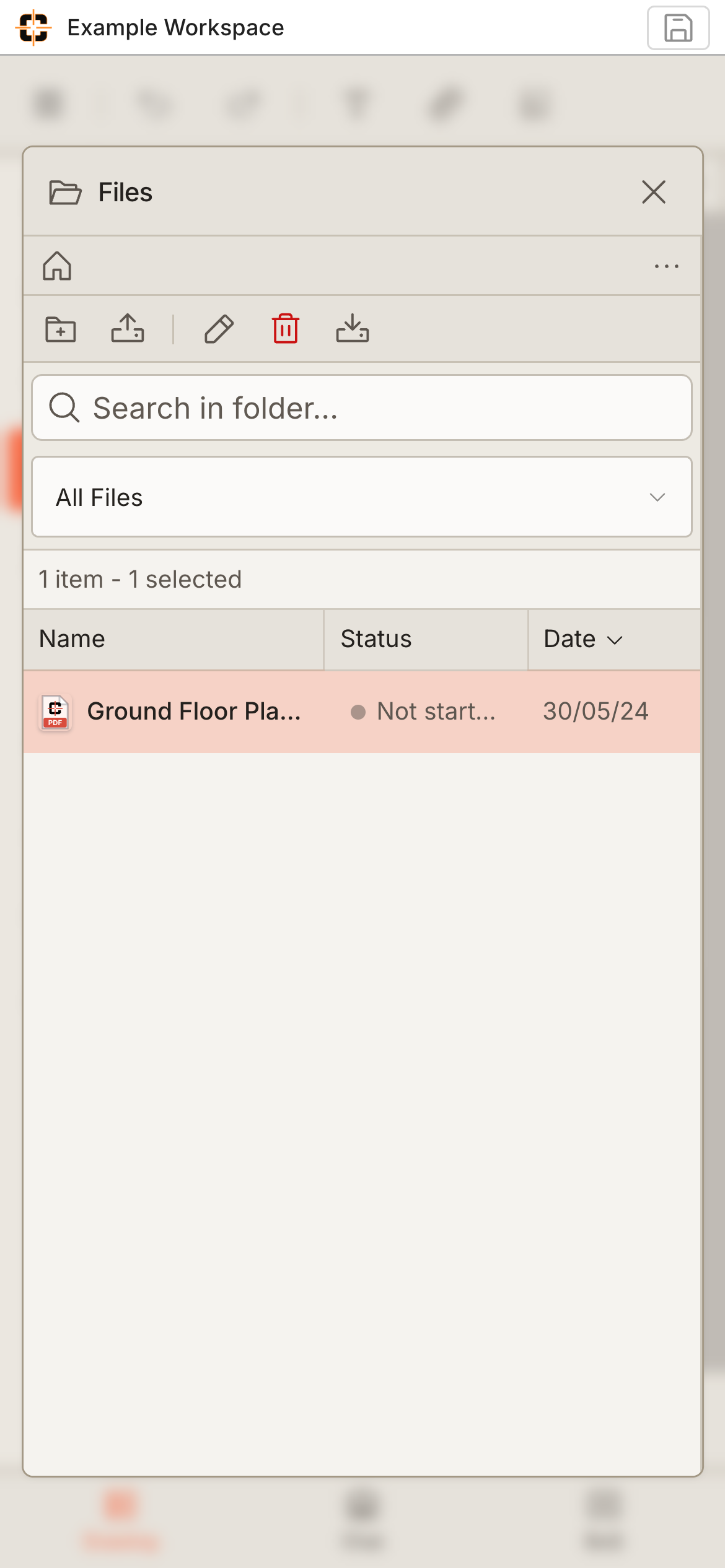 Phone view with the workspace file explorer open over the drawing