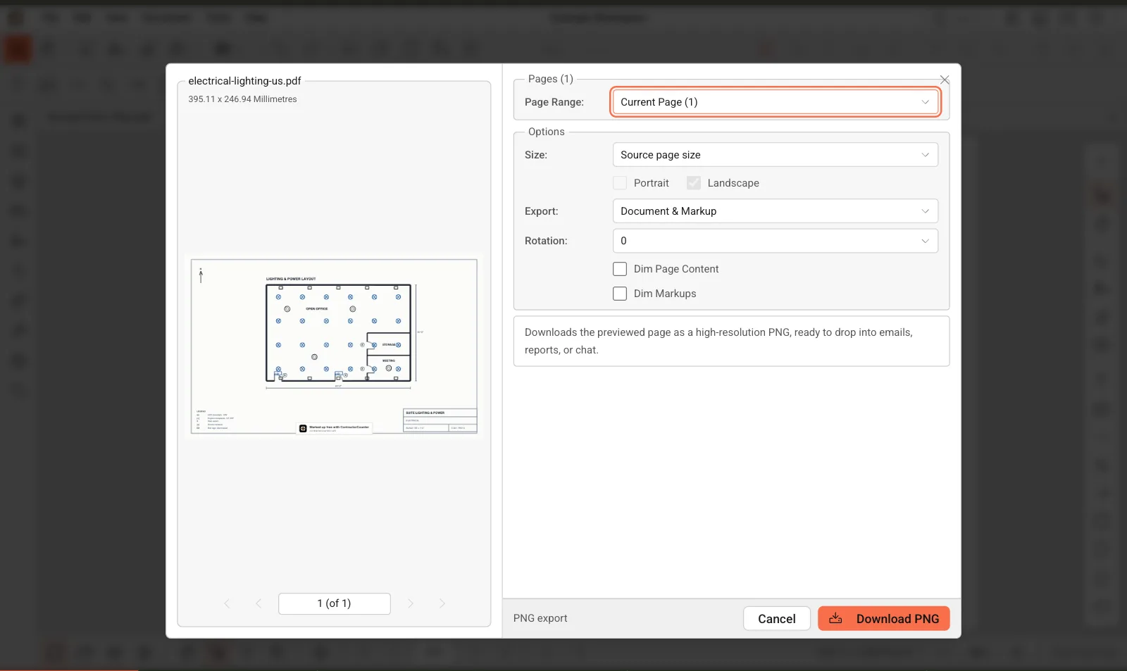 ContractorCounter workspace: Drawing image export