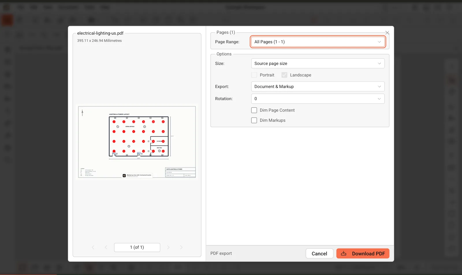 ContractorCounter workspace: Drawing PDF export