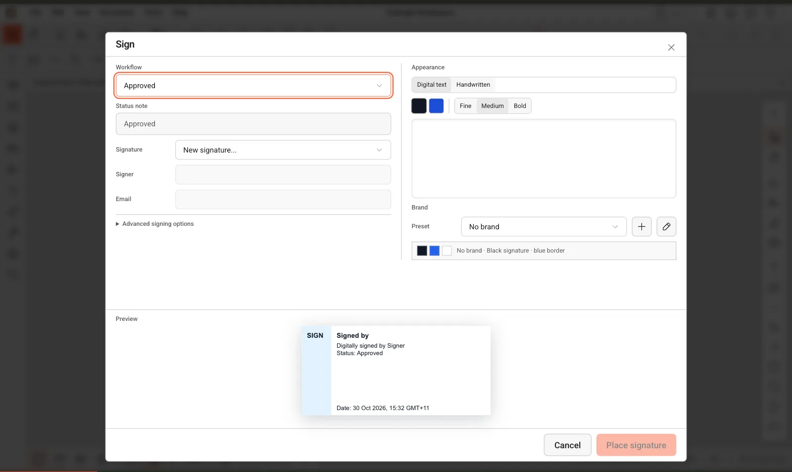 ContractorCounter workspace: Signature placement